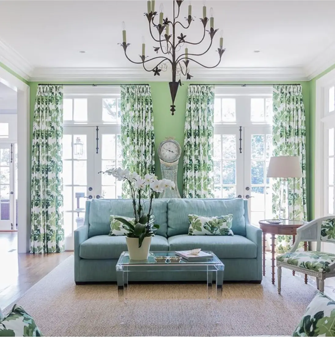 green curtains living room