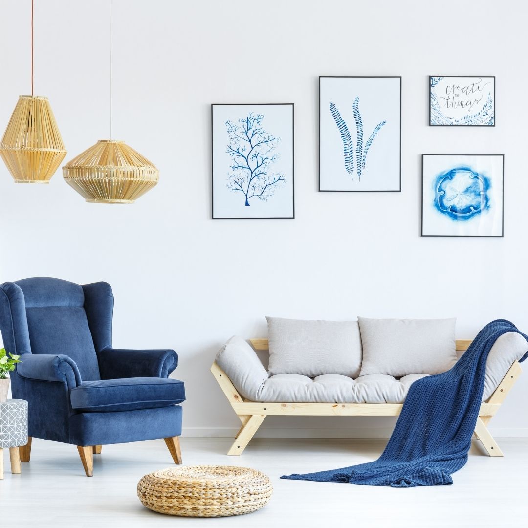 white and blue living room decor