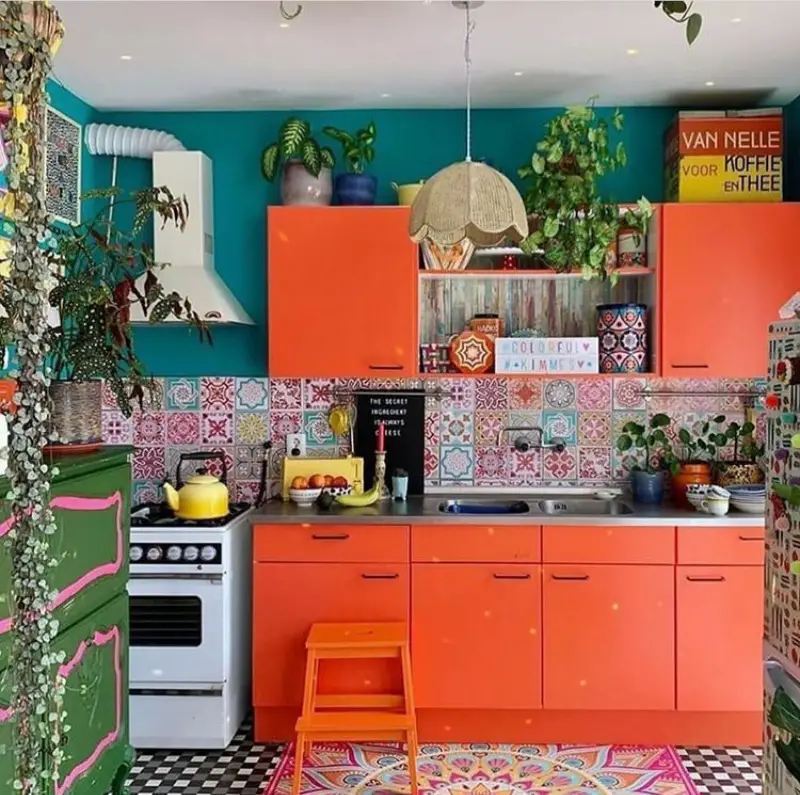 orange colored kitchen