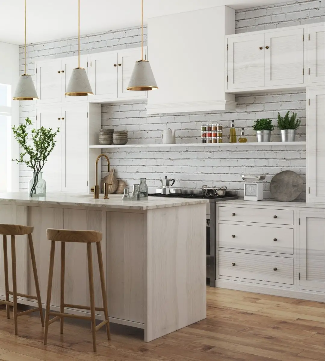 grey kitchen with open shelves