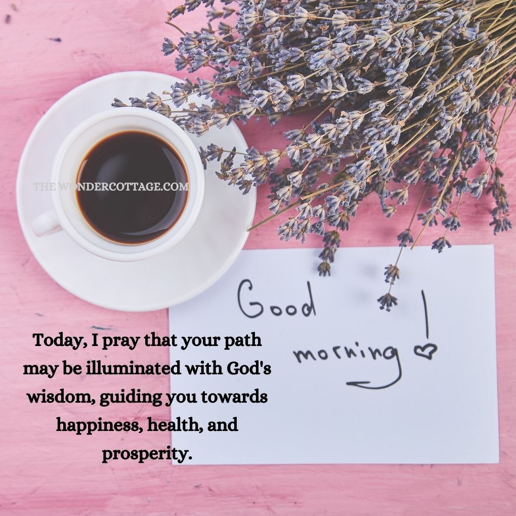 "Good morning! Today, I pray that your path may be illuminated with God's wisdom, guiding you towards happiness, health, and prosperity."