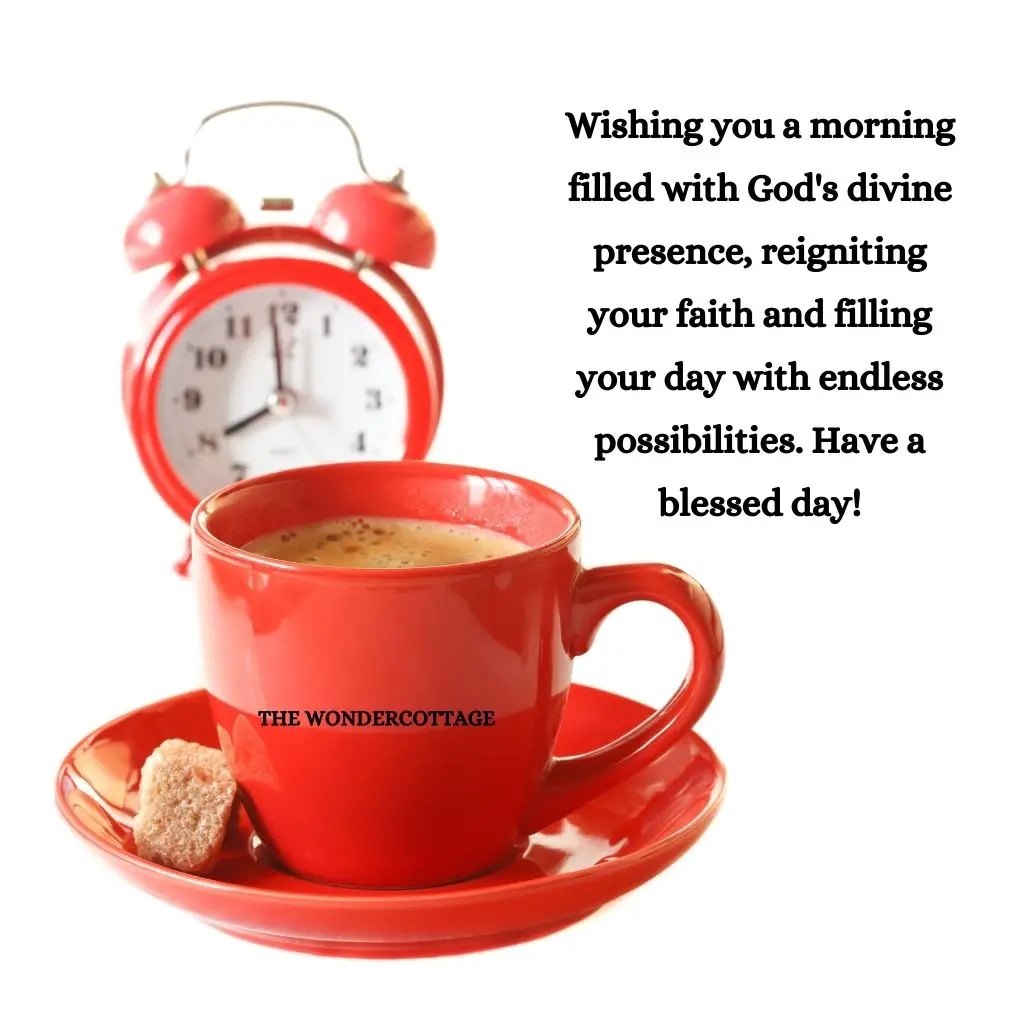 "Wishing you a morning filled with God's divine presence, reigniting your faith and filling your day with endless possibilities. Have a blessed day!"