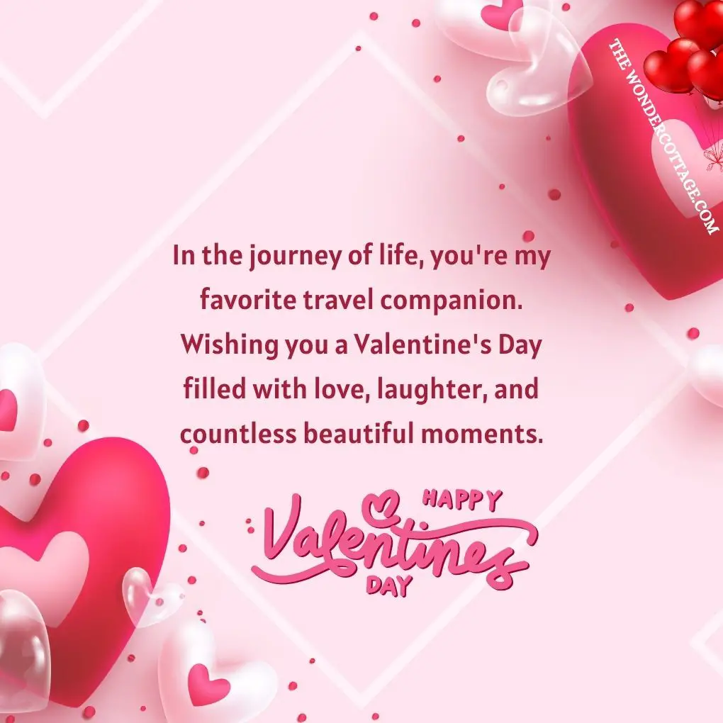 In the journey of life, you're my favorite travel companion. Wishing you a Valentine's Day filled with love, laughter, and countless beautiful moments.