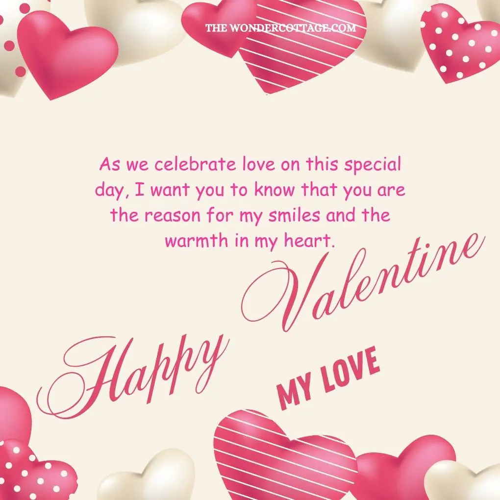 As we celebrate love on this special day, I want you to know that you are the reason for my smiles and the warmth in my heart. Happy Valentine's Day, my love!