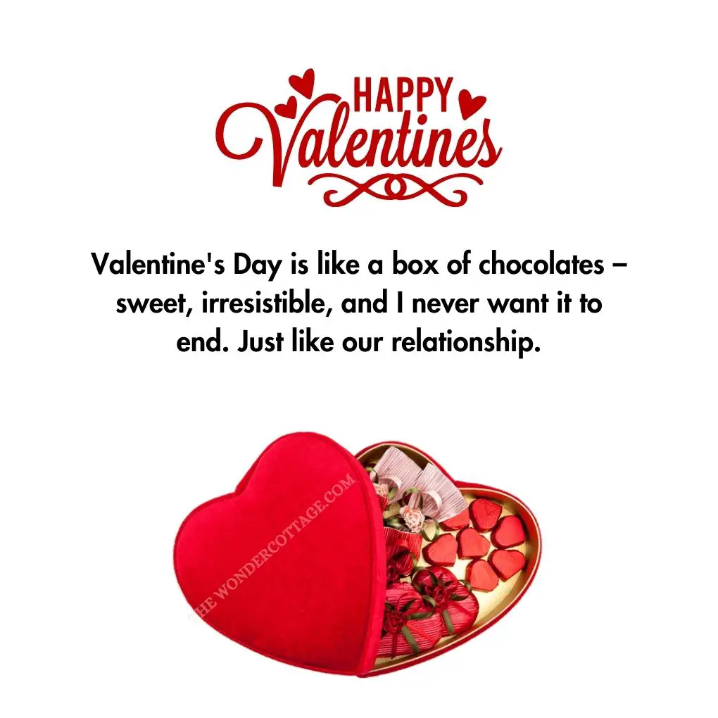 Valentine's Day is like a box of chocolates – sweet, irresistible, and I never want it to end. Just like our relationship. Happy Valentine's Day!