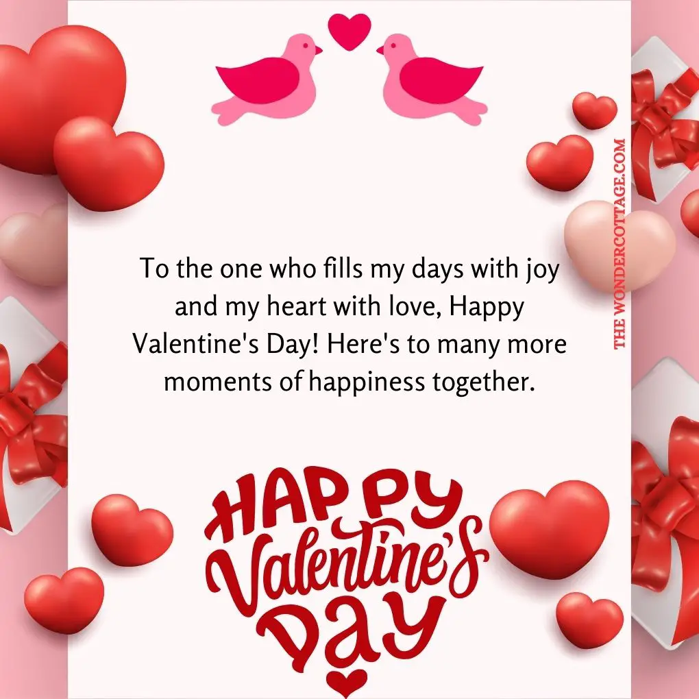 To the one who fills my days with joy and my heart with love, Happy Valentine's Day! Here's to many more moments of happiness together. Valentine's Messages