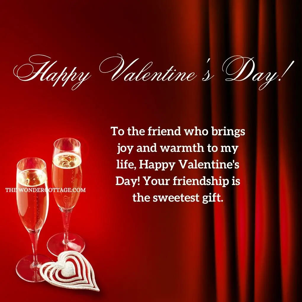To the friend who brings joy and warmth to my life, Happy Valentine's Day! Your friendship is the sweetest gift.
